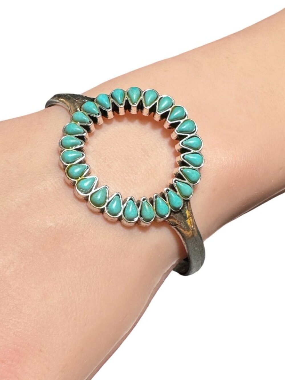 Southwestern Style Cuff Bracelet Silver Tone Blue Faux Turquoise Womens Jewelry
